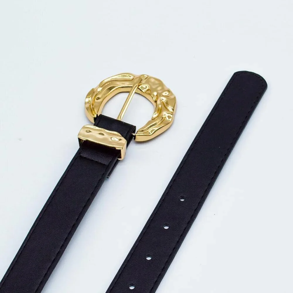 Women's Black Leather Belt For Pants Dresses Fashion Casual Waist Belt with Gold